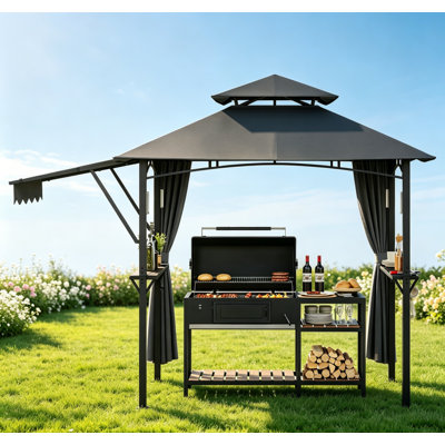 Pavillon de jardin robuste de 8 pi x 5 pi, auvent à 2 niveaux résistant au feu CPAI-84, auvents latéraux à 3 angles, 2 tablettes, 7 crochets, lumière DEL, structure en acier thermolaqué pour le jardin de patio