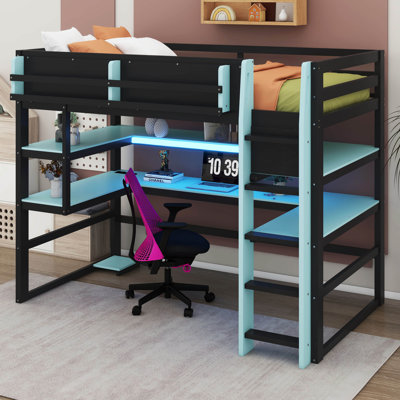 Lit mezzanine simple fabriqué en bois, avec bureau, support de rangement latéral, plusieurs tablettes et éclairage RVB
