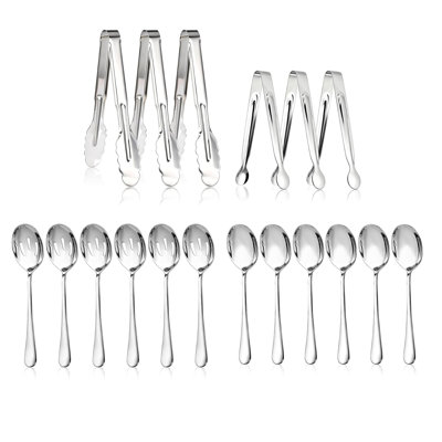 18-Piece Stainless Steel Serving Utensils Set with Serving Spoons, Tongs, Slotted Spoons for Buffet, Silver