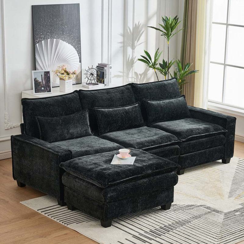 Canapé à assise profonde avec repose-pieds 99 po Chenille, Noir