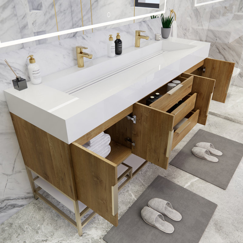 Ensemble de meuble-lavabo double 72 po Glasgow, Blanc lustré, Chêne