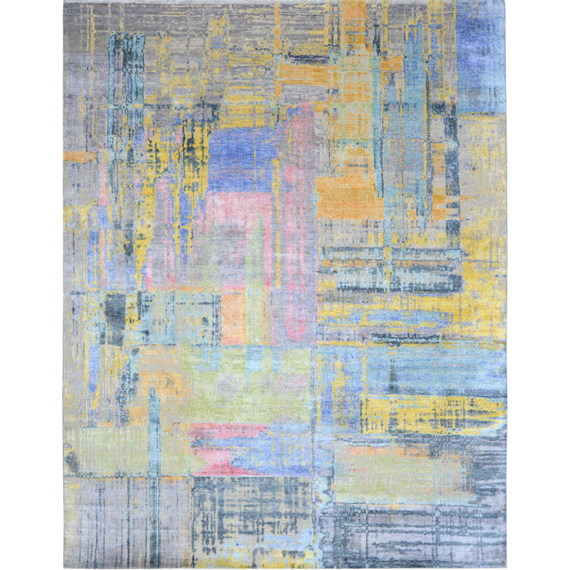 Tapis rectangulaire en soie noué à la main bleu, null, Rectangle 6 pi x 9 pi
