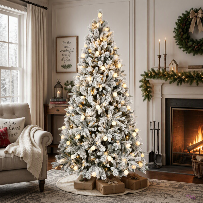Arbre de Noël 7,5 pi floqué avec 400 lumières DEL colorées avec boule G45, arbre réaliste articulé en PE + PVC + aiguille dure avec fil mémoire, 10 modes d'éclairage, interrupteur au pied et support en métal stable