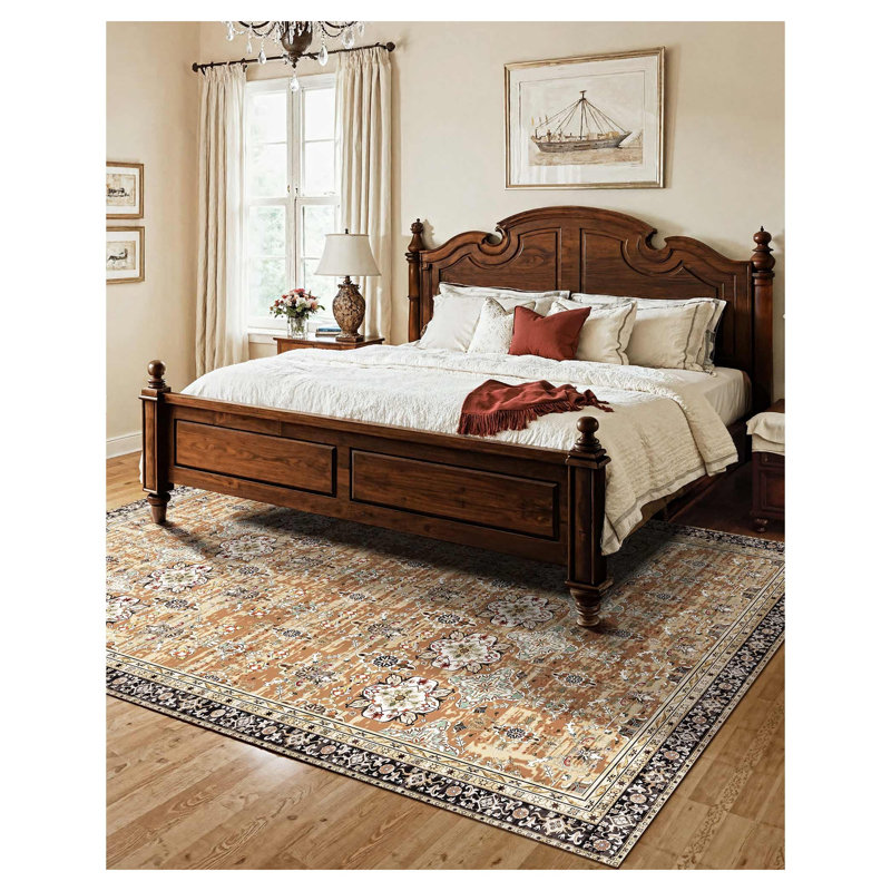 Tapis rétro délavé 7,5 x 9,5 pi - Tapis de sol lavable antidérapant à motif de médaillon traditionnel brun et vert pour chambre à coucher