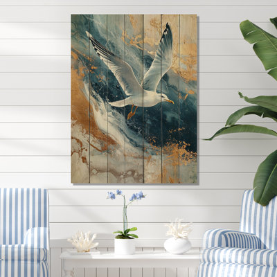 Coastal Seagull Marble Wings Over The Waves III - Art mural en bois de mouette - sur bois de pin naturel