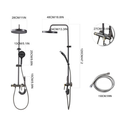 Gun Grey Space Aluminum Shower System, 4-Function Shower Faucet Set with 10" Round Rain Shower Head & 5-Mode Handheld Sprayer for Bathroom