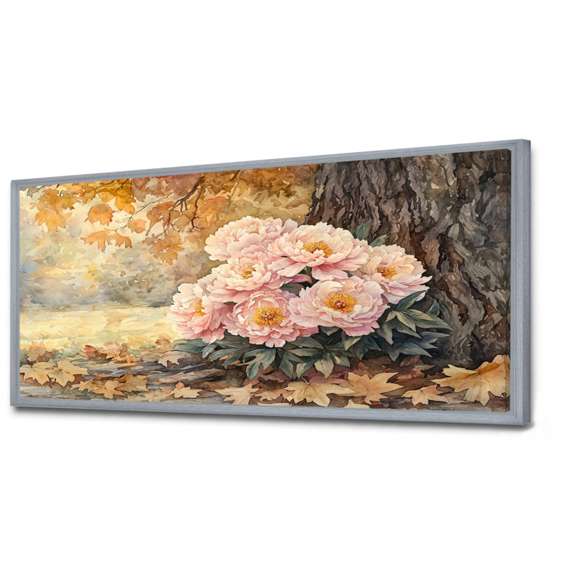 Pivoines par le chêne III - Pivoines, impressions sur toile, H 28 po x l 60 po, Reproduction avec cadre flottant