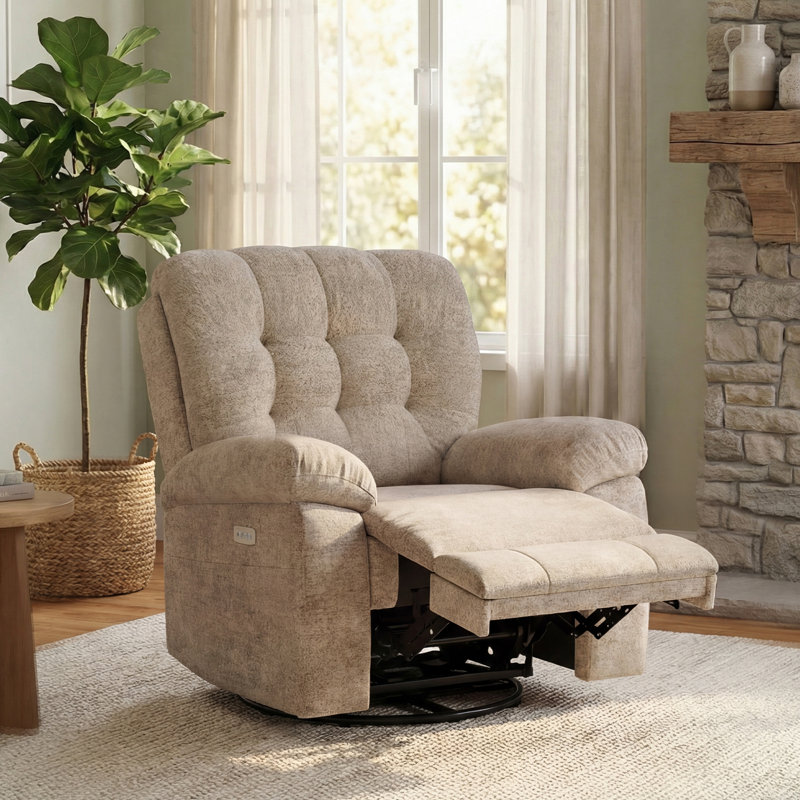 Electric Recliner Chair with 270° Swivel Base, USB & Type-C Charging, Storage Pockets, Beige