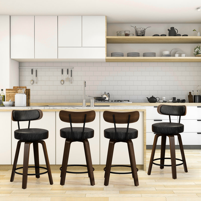 Swivel Counter Height Bar Stools Set of 2, Faux Leather Kitchen Stools Upholstered Barstools with Back, Walnut Wood Legs, Mid Century Island Chairs Counter Stools, 26" Seat Height