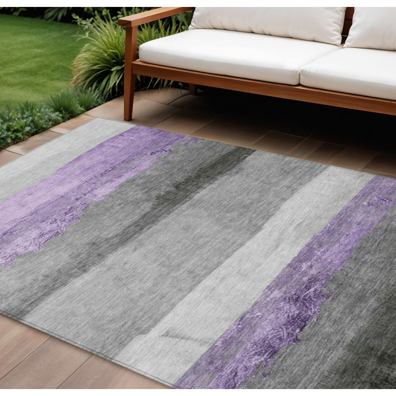 Tapis intérieur/extérieur lavable à rayures lavande et grises de 2,44 m x 3,05 m