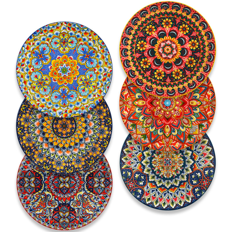 Ensemble d'assiettes à dîner 6 pièces à motif bohémien, assiettes en céramique de 10,5 pouces, motifs boho assortis, vaisselle Mix & Match