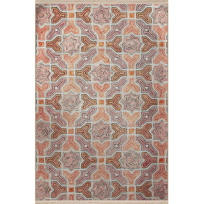 Pink Orange Themed Floral and Geometric Patterned Creative Vintage Decorative Machine Washable Rug