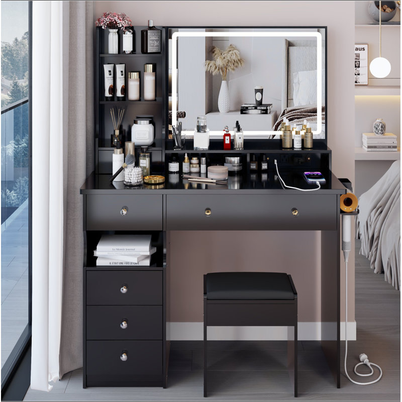 Ensemble de meuble-lavabo de 41 po avec tiroir à gauche de grande taille + ensemble de commode avec tabouret rembourré, 2 blocs d'alimentation AC + 2 USB, support pour séchoir à cheveux, miroir à DEL très grand à commande tactile, interrupteur 3 couleurs, certificat EPA, GCC, UL