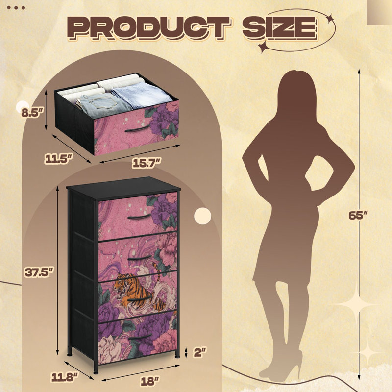 Commode pour chambre à coucher avec 4 tiroirs de rangement Majestic Tiger au milieu de pivoines mauves