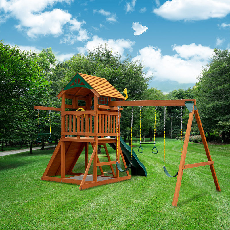 Avalon Cedar Wood Swing Set with Green Slide and Fort