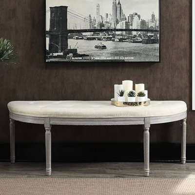Banc côtier à boutons beige avec pattes gris patiné, s'adapte au mur encastré dans les chambres ou les couloirs, nettoyable par endroits décalés, conception américaine, capitonnage à 20 hauteurs et idéal pour les vestibules, facile à nettoyer.