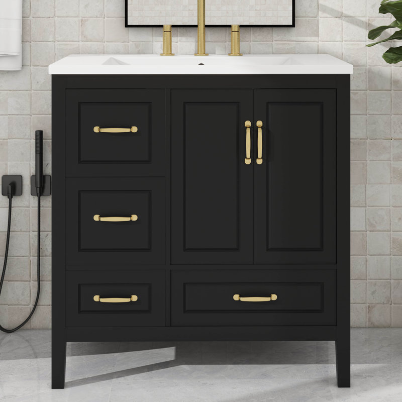 Meuble-lavabo de 36 pouces avec lavabo, 1 armoire à fermeture douce et 4 tiroirs à fermeture douce, Noir