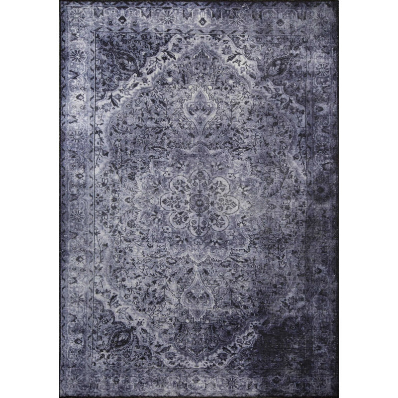 Tapis décoratif bleu marine à motif rétro, Rectangle 7 pi 7 po x 10 pi 10 po