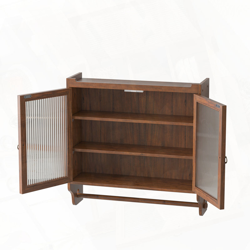 Armoire murale rétro à deux portes avec rangement à trois niveaux et porte-serviettes, Brun