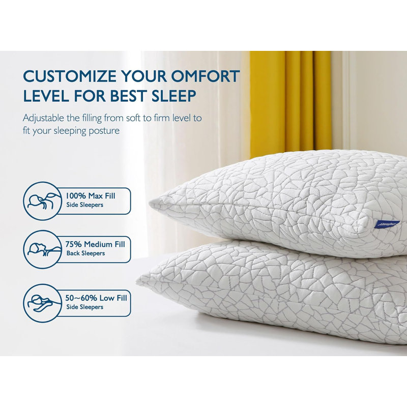 Removable Cooling Bamboo Rayon Cover Adjustable Pillow Shredded Memory Foam Bed Pillow, Set of 2, Queen