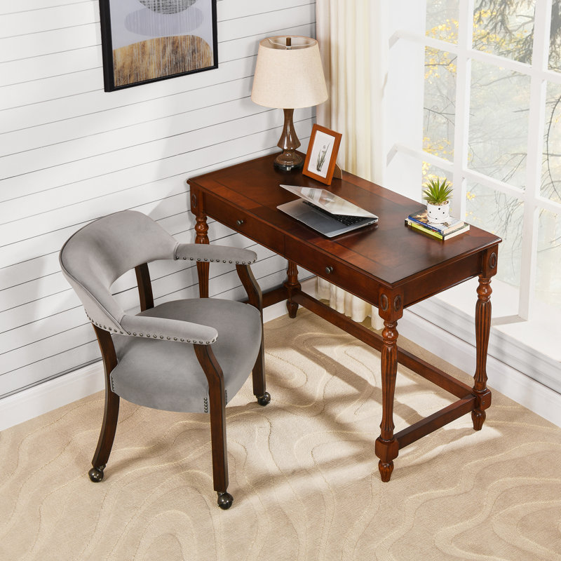 Wexford Collection Mid-Century Modern Upholstered Fabric Dining Chair, Wood Accent Chair with Arms and Casters for Dining Room, Vanity or Office, Velvet-Look Black Dining Chair
