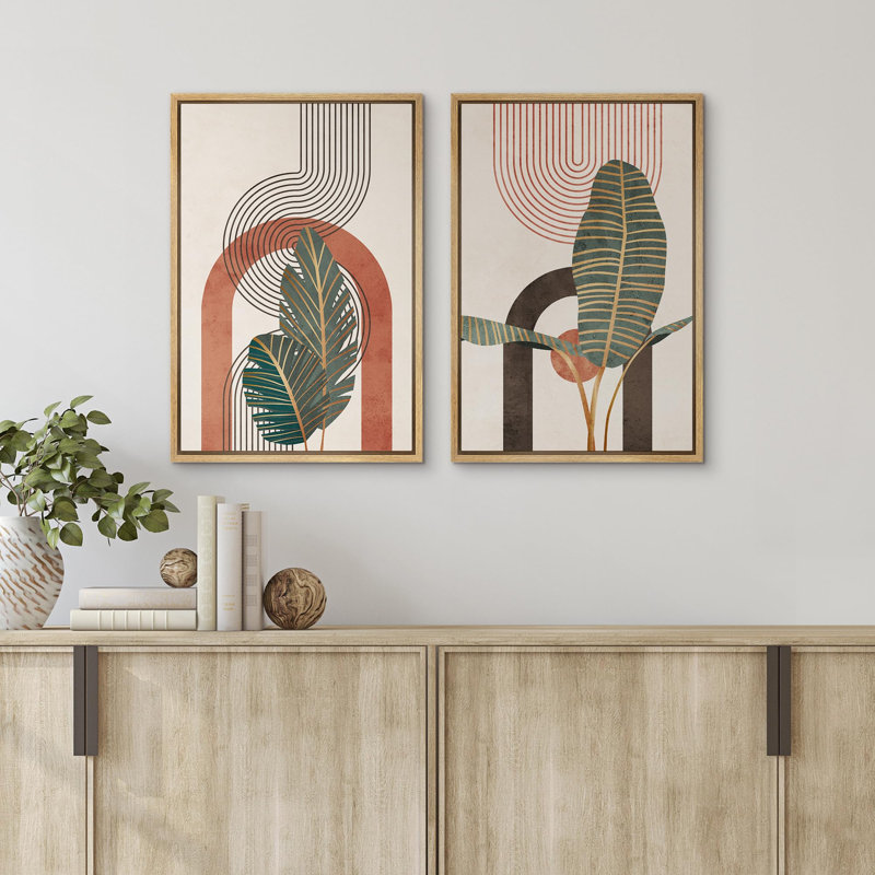 Soleil, jungle, feuille de Monstera, art abstrait, décoration murale, botanique minimaliste pour chambre à coucher, 2 pièces