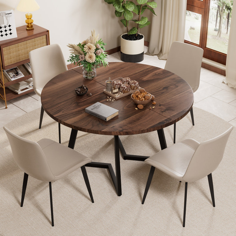 Ensemble de table de salle à manger Mid-Century, Crème, crème, Noyer, 5