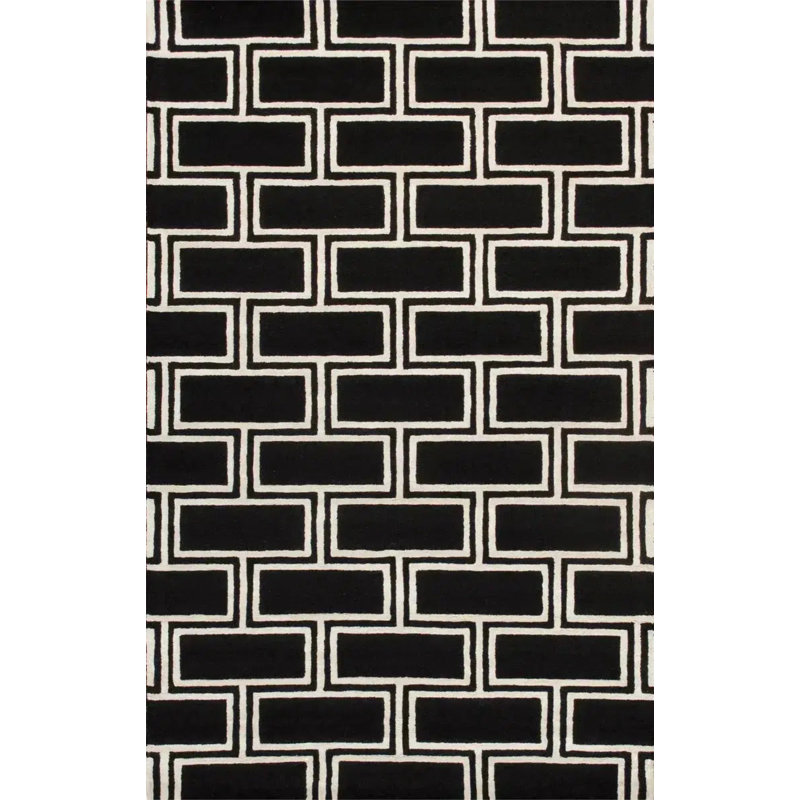 Tapis géométrique noir / blanc en laine / coton touffeté à la main à motif géométrique 7 pi 9 po x 9 pi 9 po