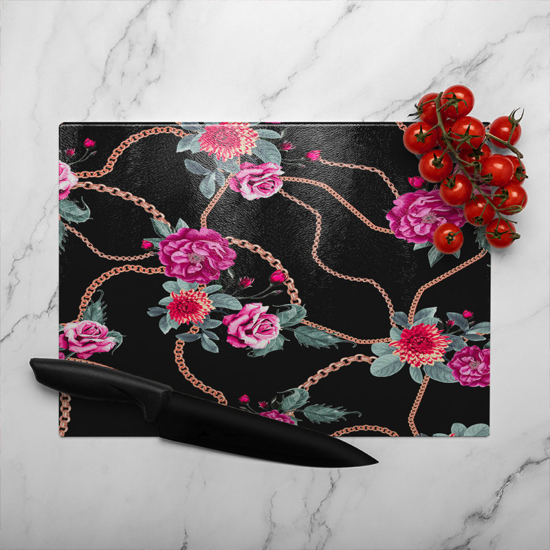 Chain And Flowers Pattern Glass Chopping Board