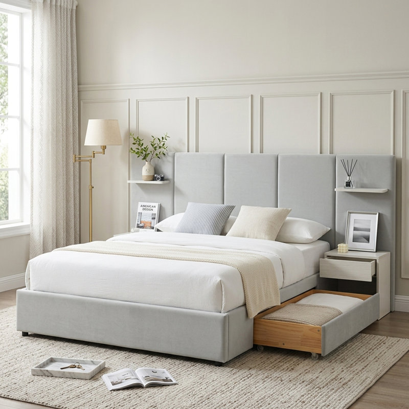 Grand lit plateforme tapissier avec tables de chevet, tiroirs et tablettes flottantes, grand, velours gris, Gris, Grand lit