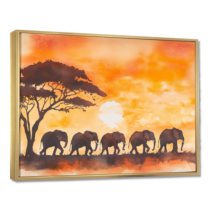 Marche des éléphants orange et jaune au coucher du soleil - Tableau encadré, H 34 po x l 44 po, Cadre naturel