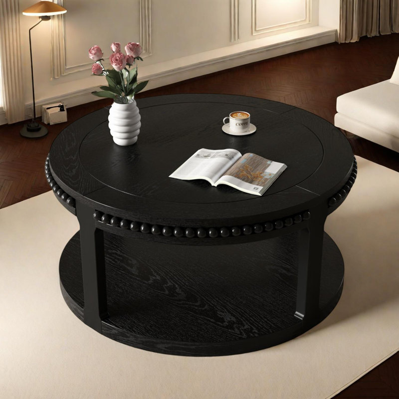 Table basse ronde en bois massif de 31,5 pouces - Conception à deux niveaux avec pieds robustes, Noir