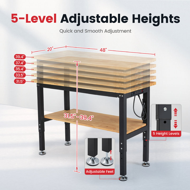 Work Table for Garage Adjustable Workbench with Power Outlets Pegboard Pad