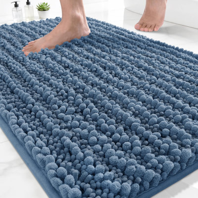 Tapis de salle de bain antidérapant lavable - Tapis de bain en chenille ultra doux et absorbant, tapis à poils longs à séchage rapide pour douche de baignoire, accessoires de décoration bleu denim, 24 po x 17 po