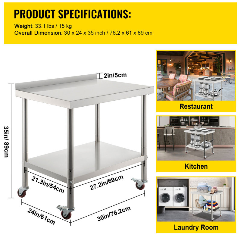 Table de préparation en acier inoxydable, 76 x 61 x 89 cm, capacité de charge de 200 kg, table de travail robuste en métal avec dosseret, tablette inférieure réglable et 4 roulettes, poste de travail professionnel pour cuisine et restaurant