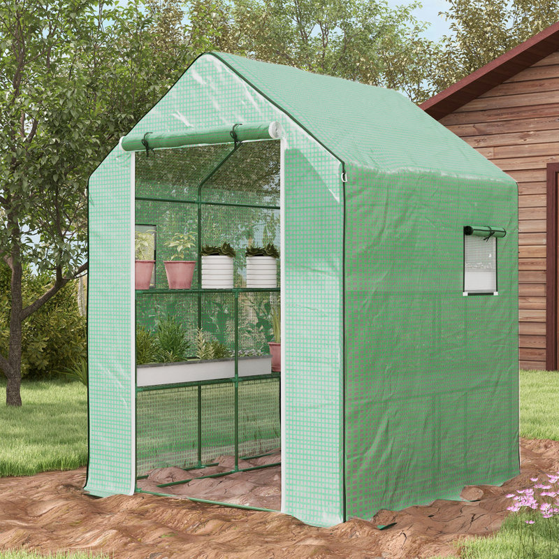 Portable Greenhouse Walk-In Green House with Roll Up Door, Green, Green