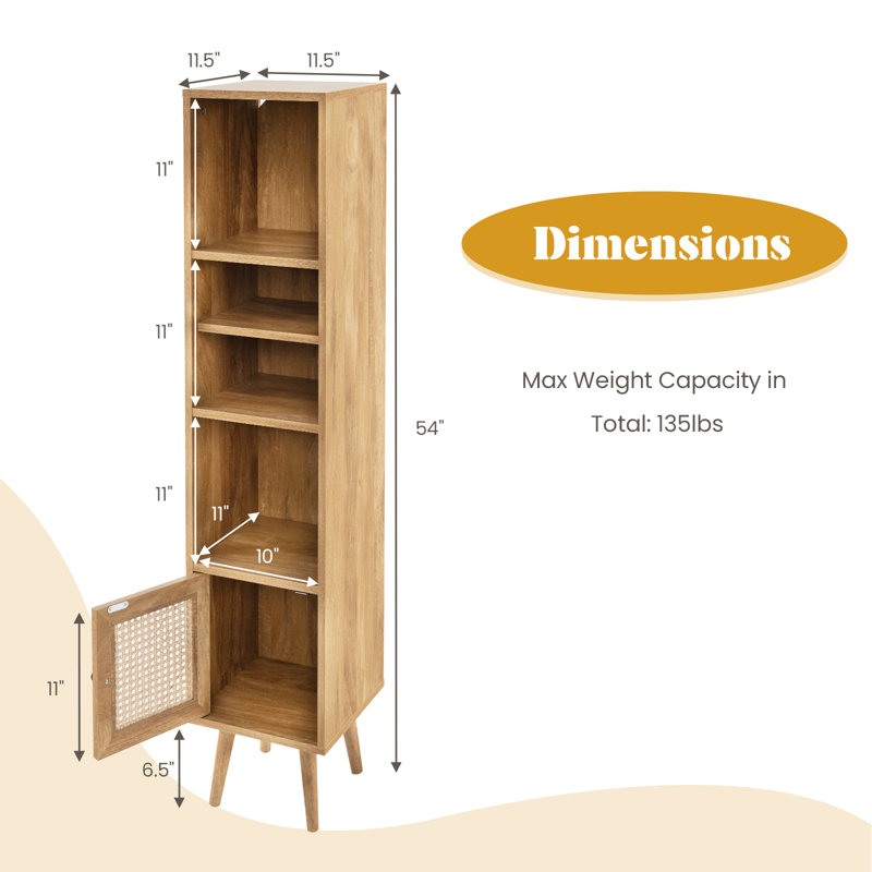 Slim Tall Rattan Storage Cabinet Boho Accent Bookshelf w/ Rattan Door 12-Position Adjustable Shelf, Natural
