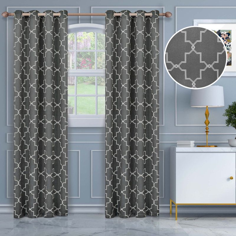 Nichola Vintage Geometric Trellis Room Darkening Room Darkening  Curtains, Rod Pocket or Grommets, 52" W x 108" L, Charcoal