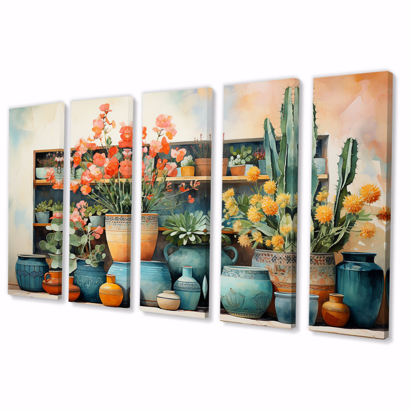 «Blue Floral Watercolor Pottery I - Boho Pottery», ensemble de 5 pièces d'art mural, H 28 po x l 60 po