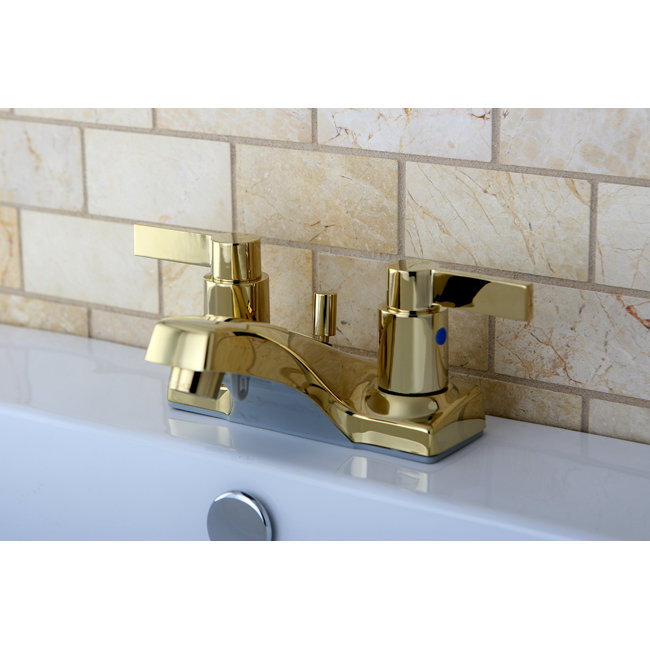 Kingston Brass NuvoFusion Two-Handle 3-Hole Deck Mount 4" Centerset Bathroom Faucet with Plastic Pop-Up, Polished Brass