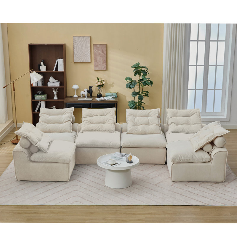 Canapé modulaire polyvalent avec revêtement en velours côtelé et coussins multiples pour la détente, 33" H x 132" W x 70.9" D