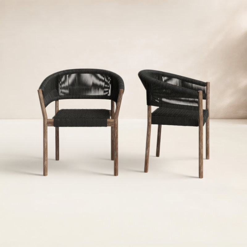 Fynn Stacking Patio Dining Chair in Eucalyptus Wood with Rope, Charcoal/Light Brown