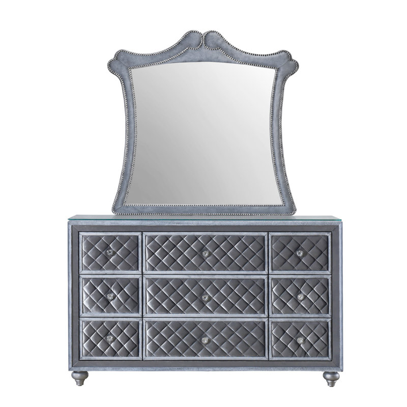 Glam 9-Drawer Dresser with Tempered Glass Top, Velvet Tufted Fronts, and Faux Crystal Knobs for Elegant Storage
