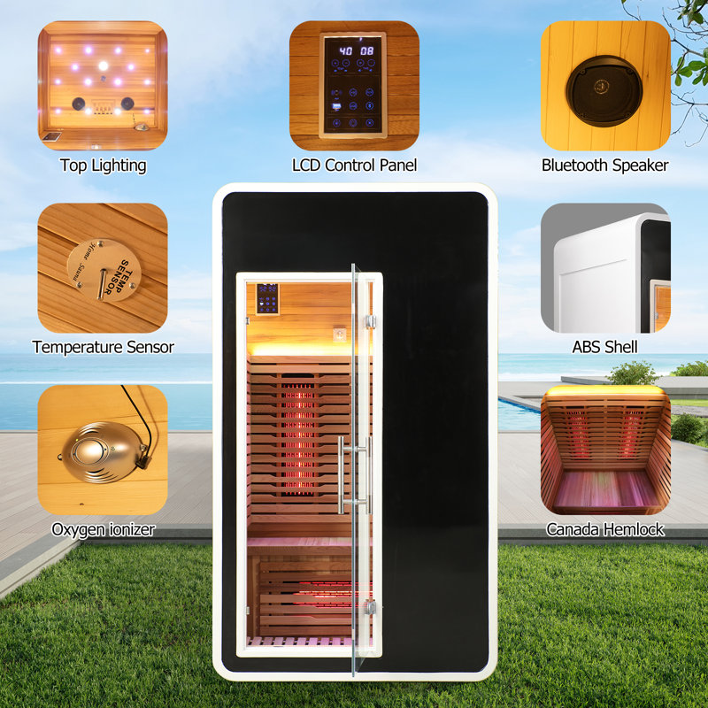 DUTHSS 1 Person Infrared Sauna Room for Home,Canadian Hemlock Outdoor Wooden Dry Sauna with Rapid Heating Tubes& Carbon Plate,LCD Control Panel and Tempered Glass Door
