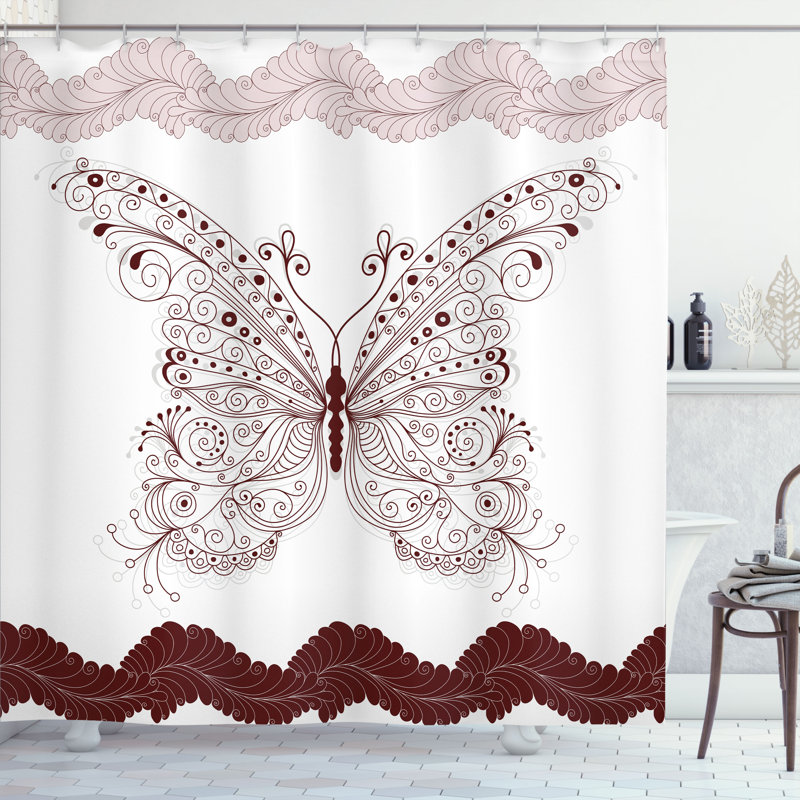 Ensemble de rideau de douche papillon + crochets, H 75 po x l 69 po, Rouge