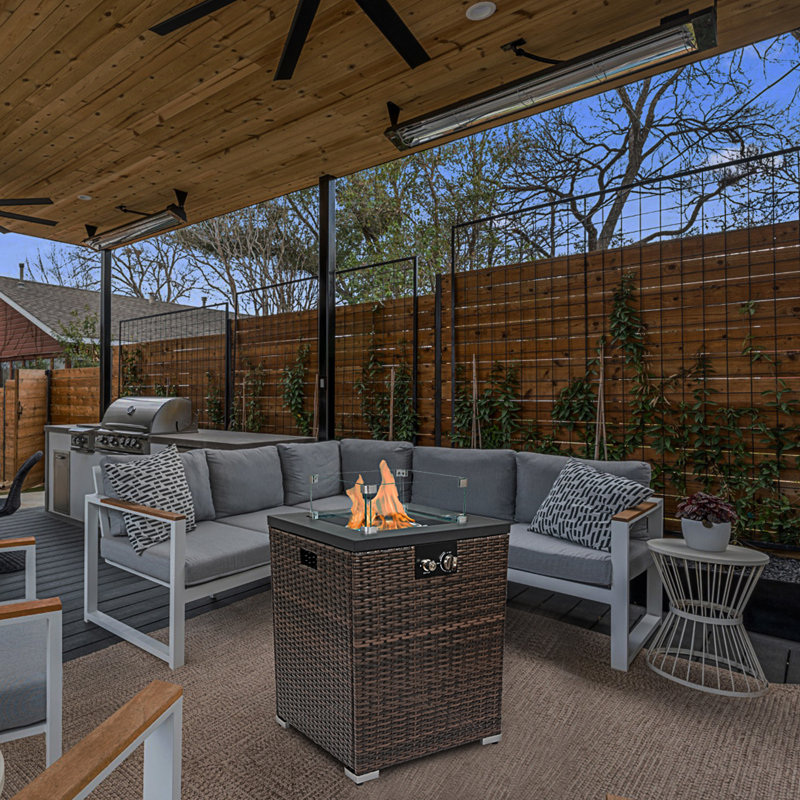 Wicker Fire Pit Column With Glass Wind Guard