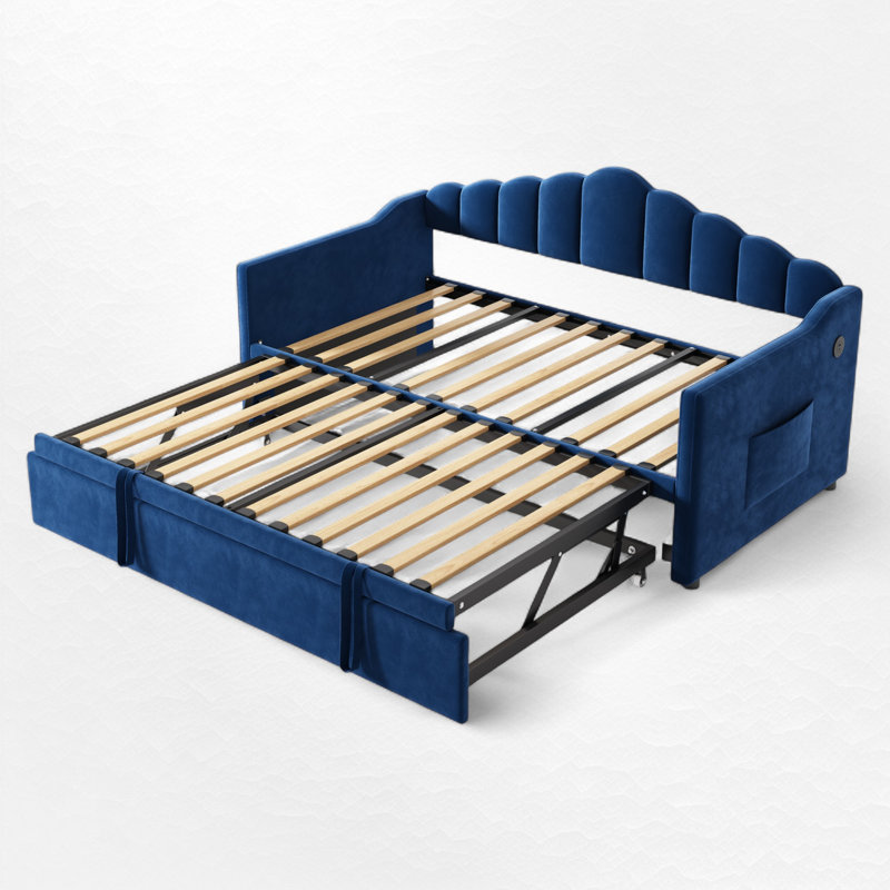 Upholstered Daybed With Trundle, Blue