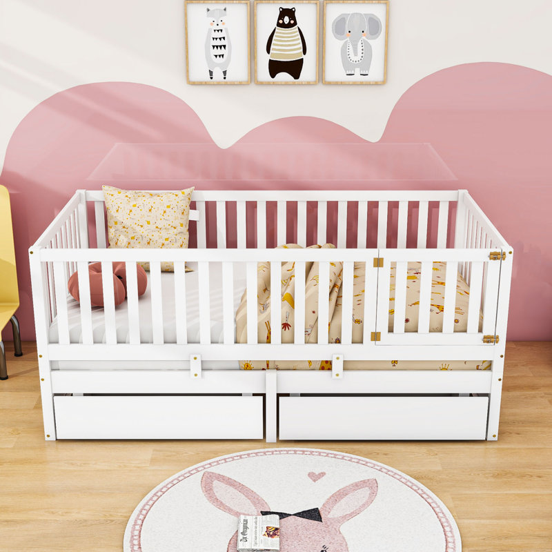 Wooden Floor Bed with Guardrails and 2 Drawers, White, Twin