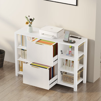 Luxury 2-Drawer Filing Cabinet With Lock, Fluted Wood Doors & Open Display Shelves – Modern Designer Office Storage Console