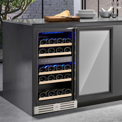Dual Zone Wine Cooler 29 Bottle Capacity with Tempered Glass Door, Built-In/Freestanding Temperature Memory